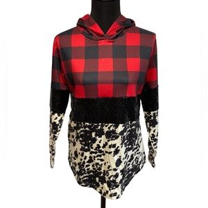 Crazy Train Red Black Plaid Cow Print Sequin Hoodie Top S NWT